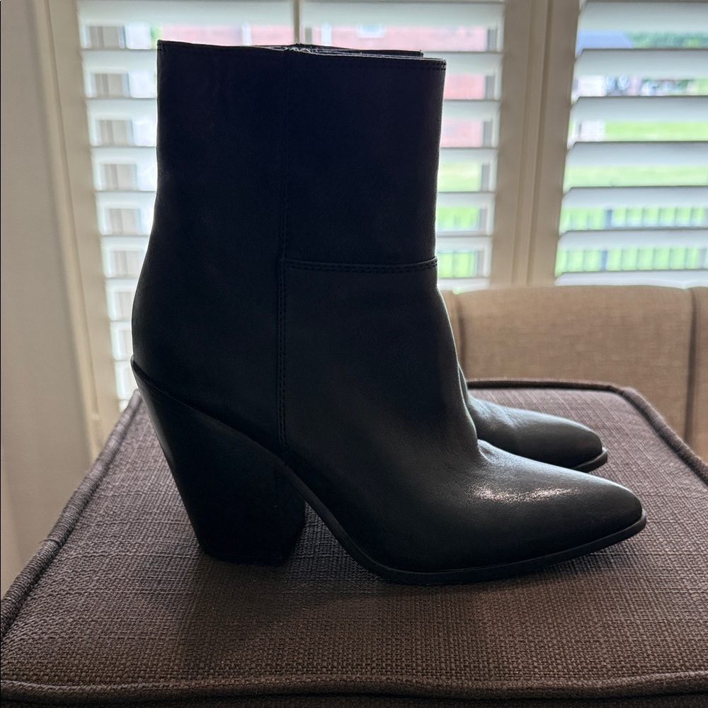 PAIGE Black Leather Pointed-Toe Ankle Boots with Block Heel